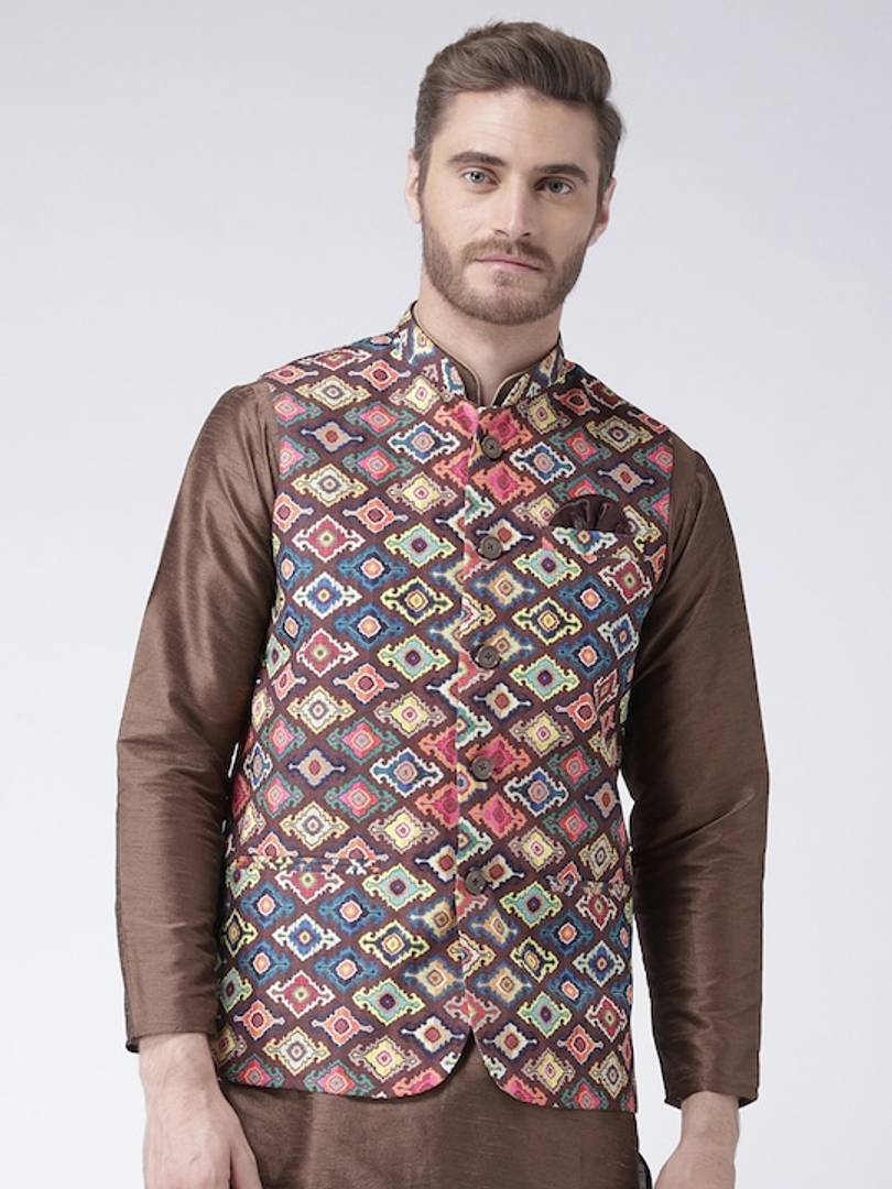 Men's Multicoloured 
Cotton Blend
 Printed Nehru Jackets